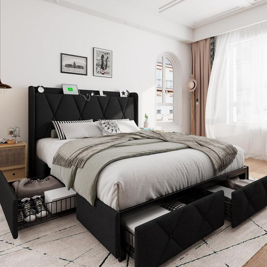 iPormis Queen Bed Frame with Storage Drawers and Charging Station