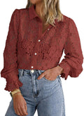 Long Sleeve Lace Blouse for Women - Dressy Casual Button Down