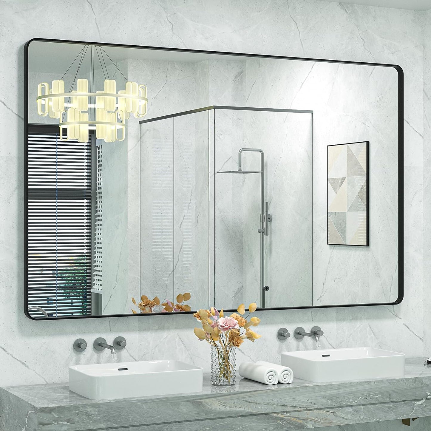 60x40 Inch Black Metal Framed Bathroom Mirror for Elegant Spaces