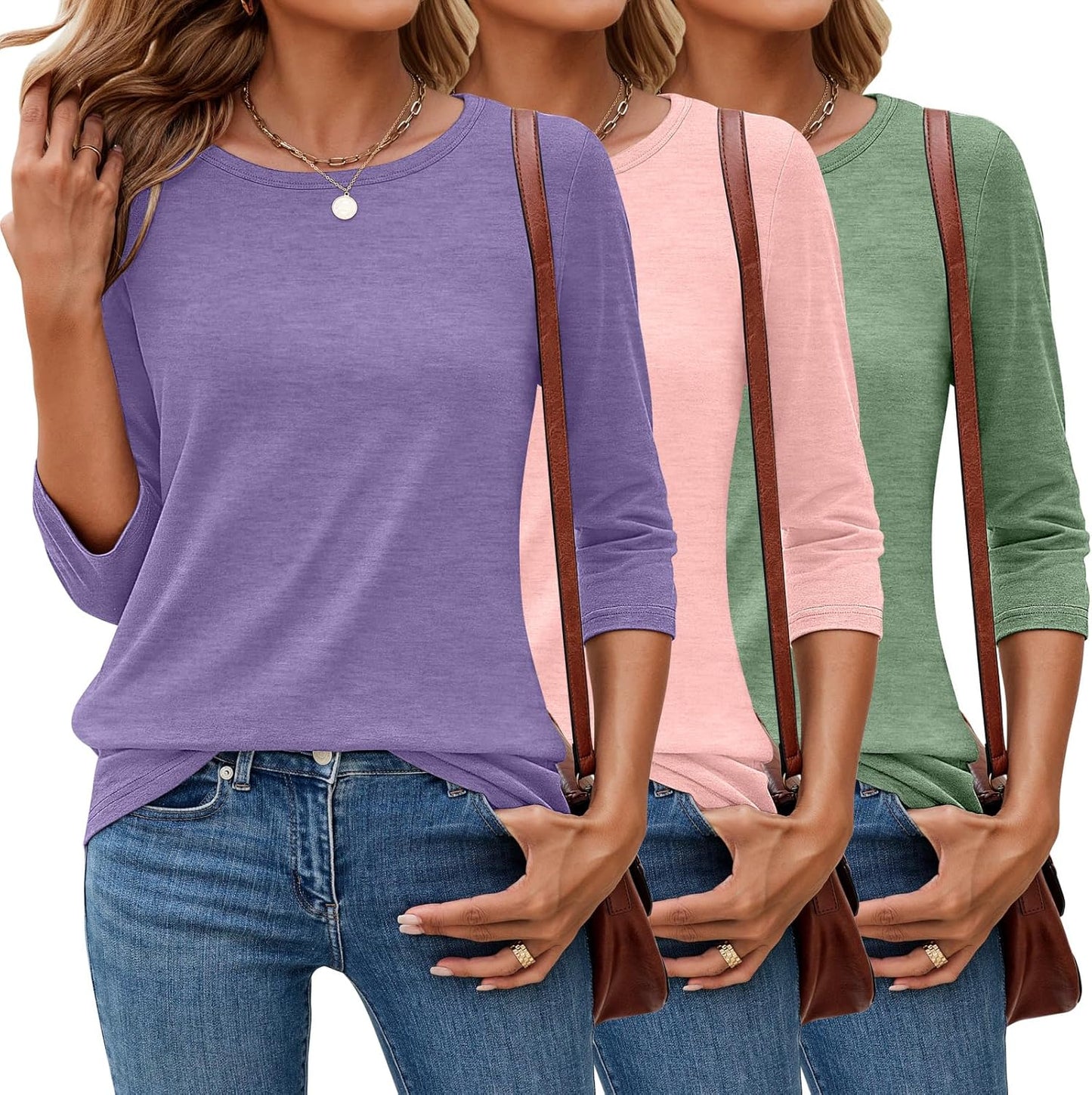 3 Pack 3/4 Sleeve Tops for Women - Casual Dressy Basics Tees