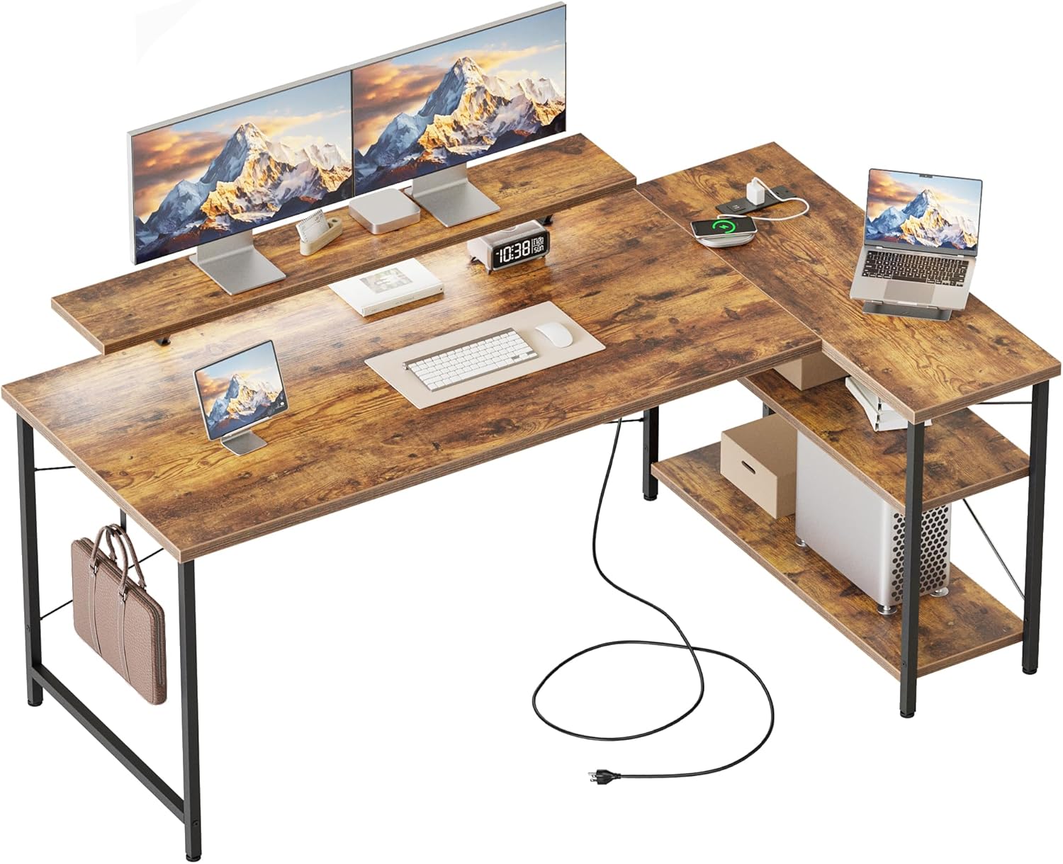 L Shaped Computer Desk with Power Outlets for Small Spaces