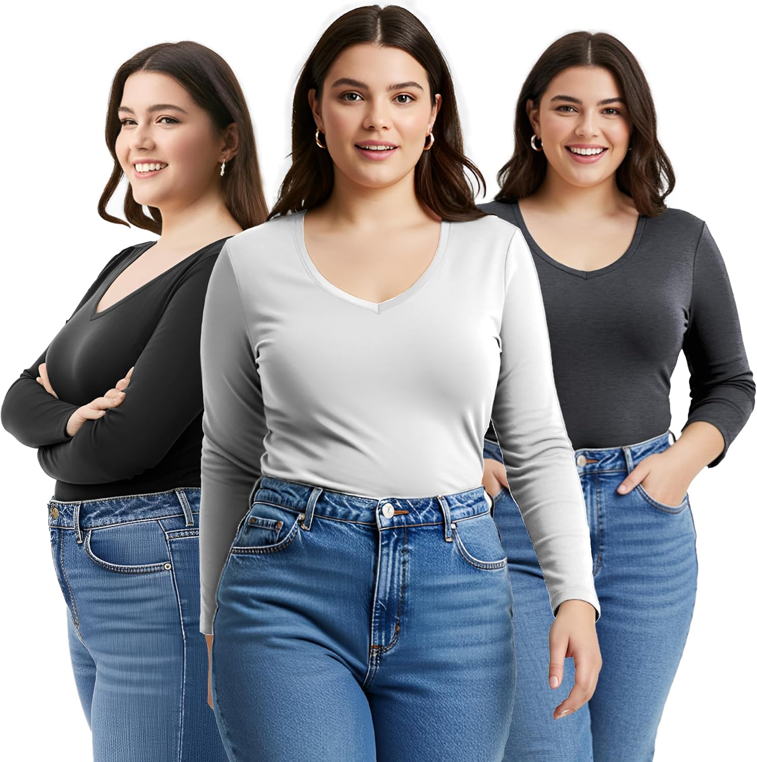 Emmalise Women's Junior Plus Size Vneck Long Sleeve Tee Shirt