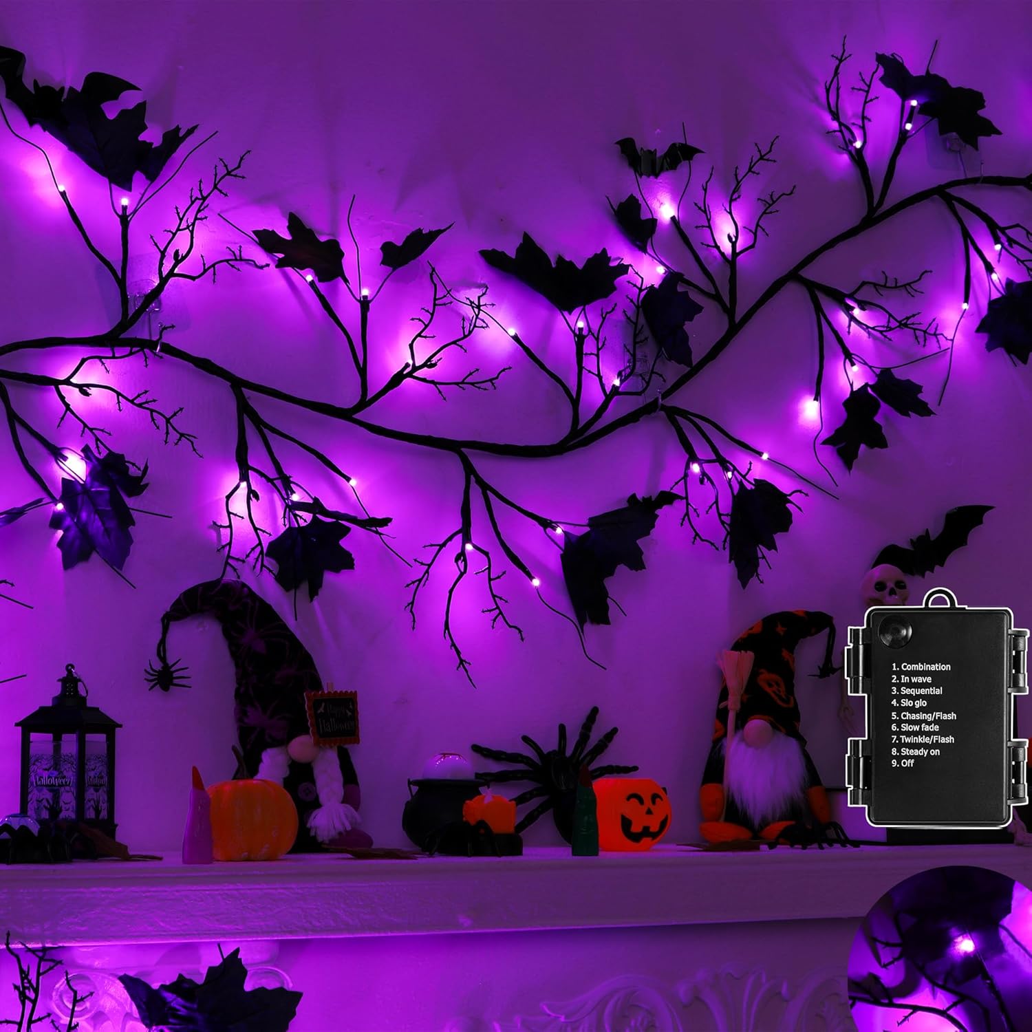 9 FT Halloween Willow Vine Twig Decorations with Purple Lights