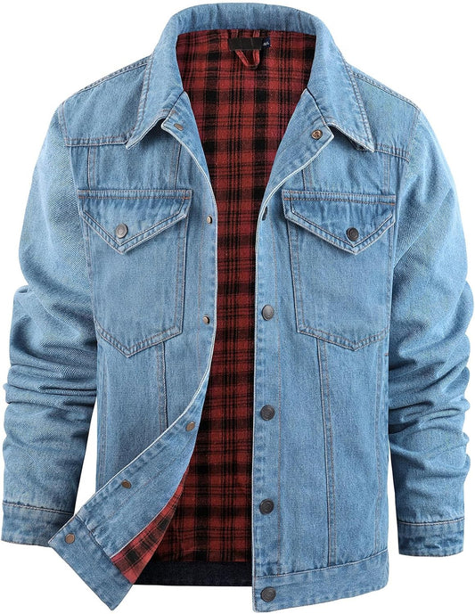 Flygo Mens Flannel Lined Denim Jacket for Classic Western Style