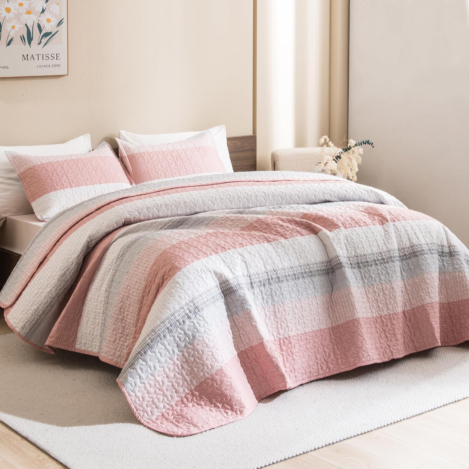 Litanika Quilt Queen Size Pink Stripe Patchwork Bedding Set