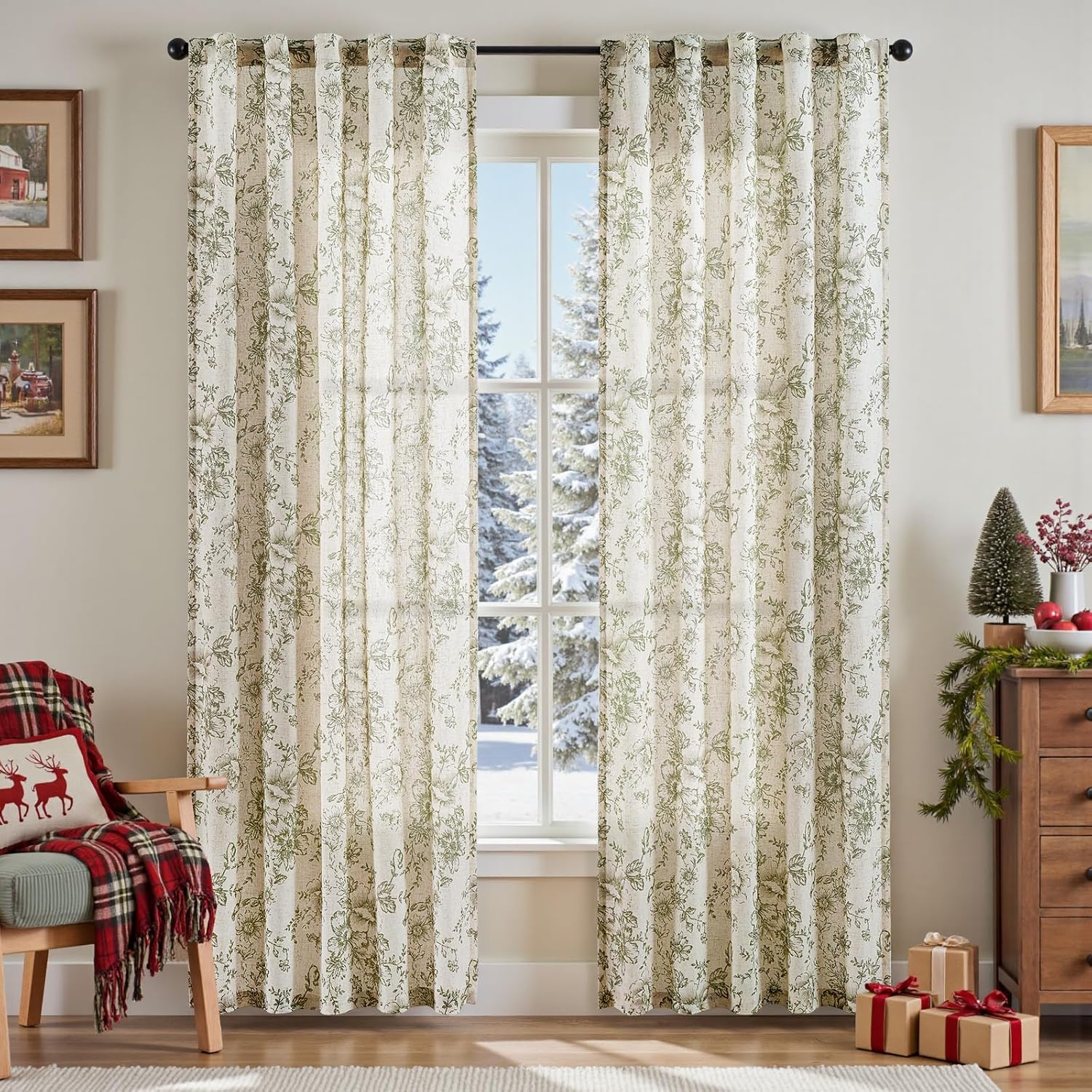 Floral Linen Blend Curtains for Living Room 84 Inch Length
