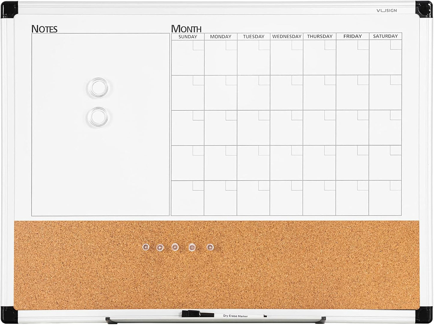 VUSIGN Monthly Calendar Whiteboard Cork Board Combo for Planning