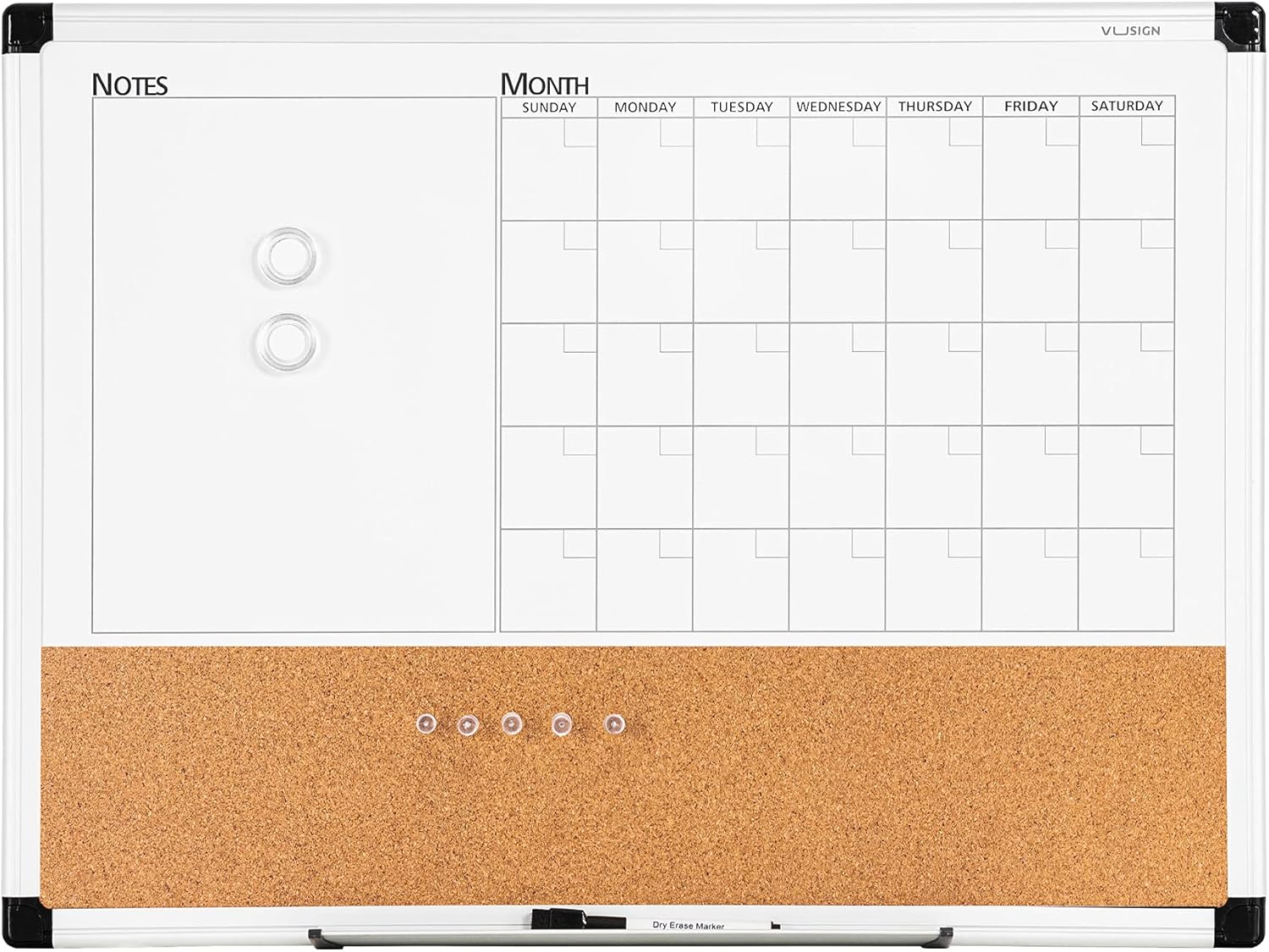 VUSIGN Monthly Calendar Whiteboard Cork Board Combo for Planning