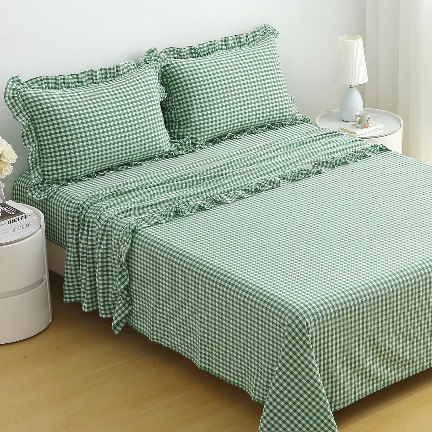 Green White Plaid Ruffle Gingham Sheets Twin Size 4-Piece Set