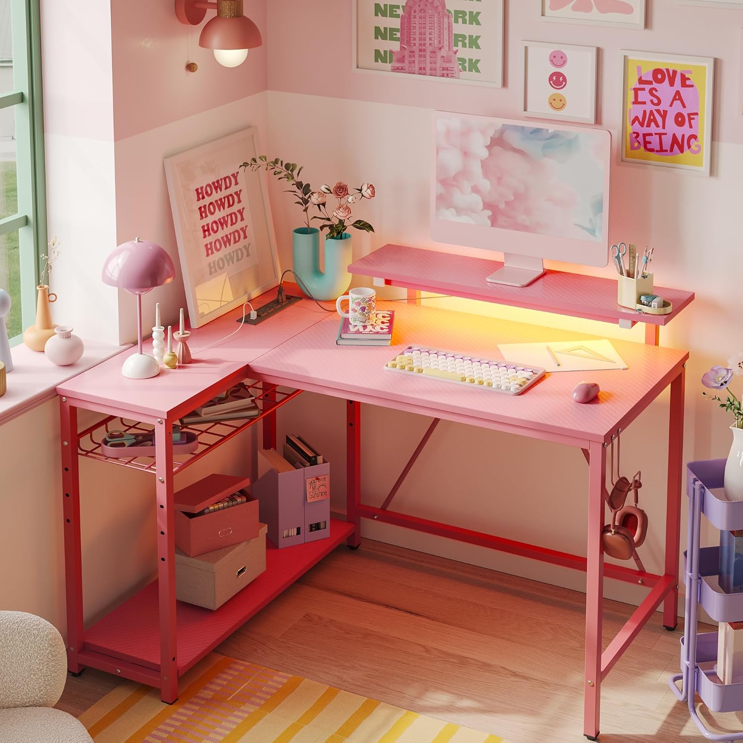 Bestier Small Gaming Desk with Power Outlets and LED Lighting