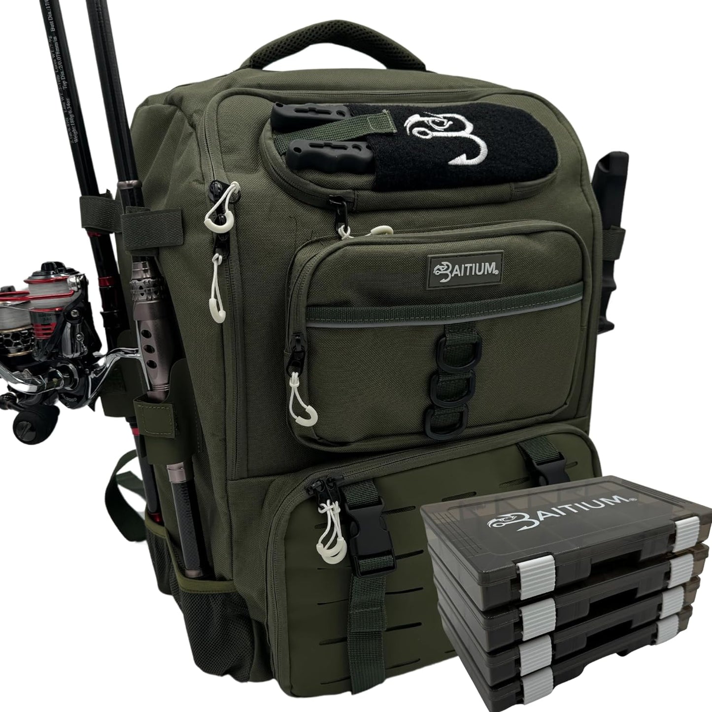 Baitium 40L Fishing Backpack - Rod Holders, Cooler, Green