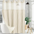 Beige White Striped Fabric Shower Curtain with Snap in Liner