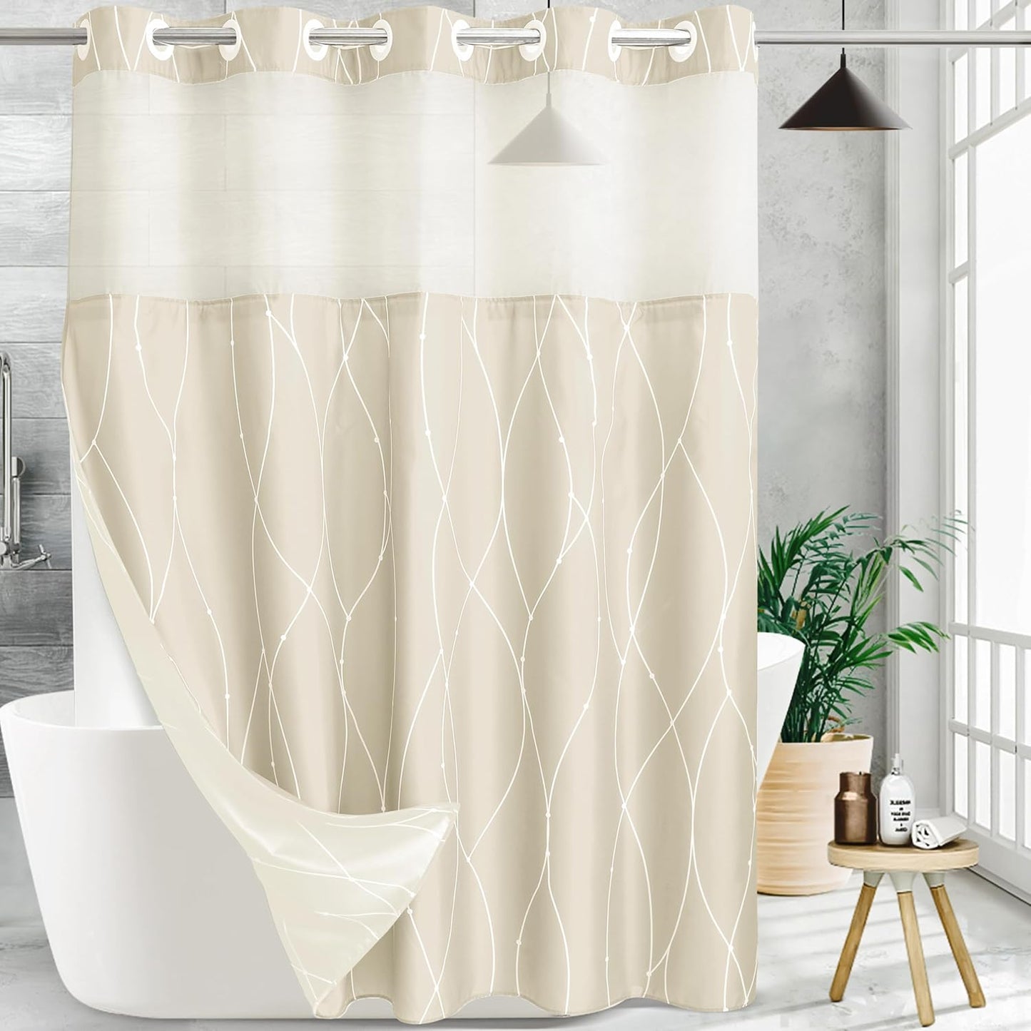 Beige White Striped Fabric Shower Curtain with Snap in Liner