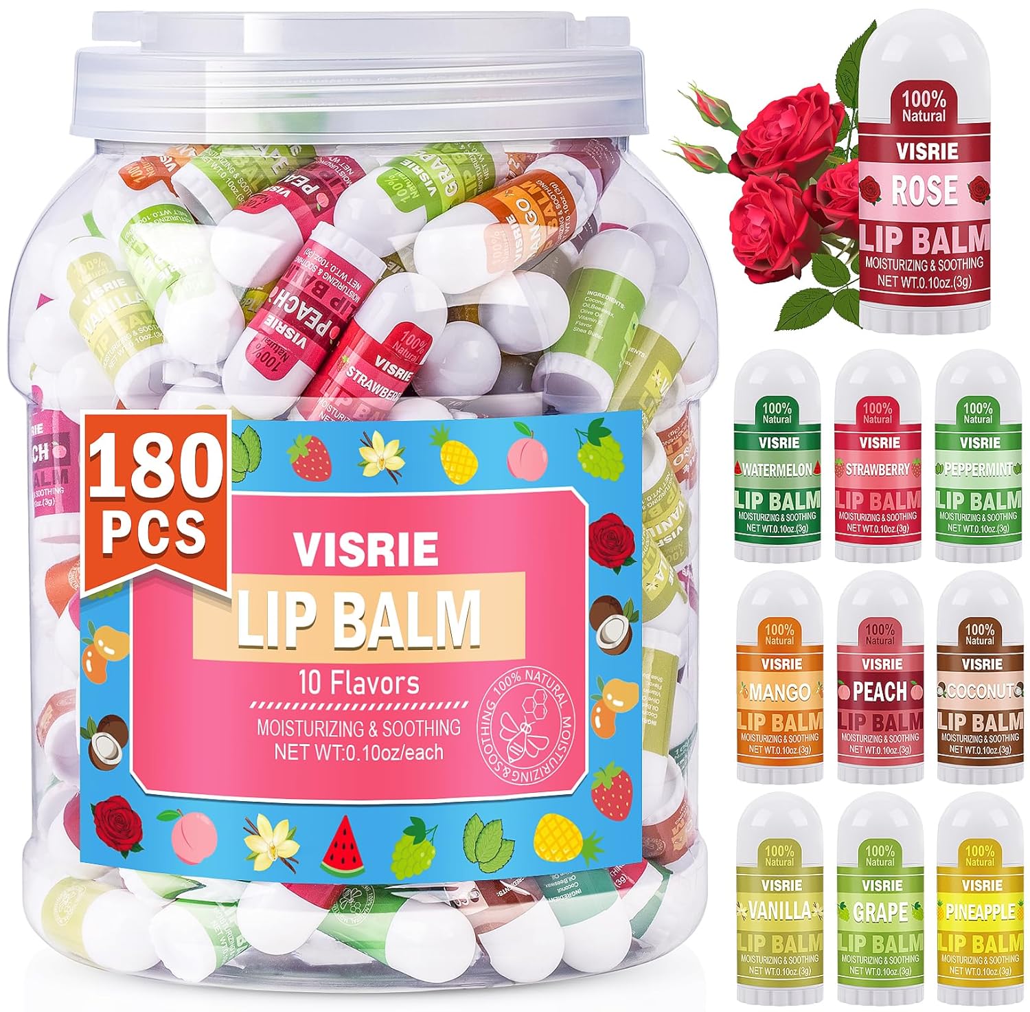Mini Lip Balm 180 Pack with Vitamin E & Coconut Oil for Moisture
