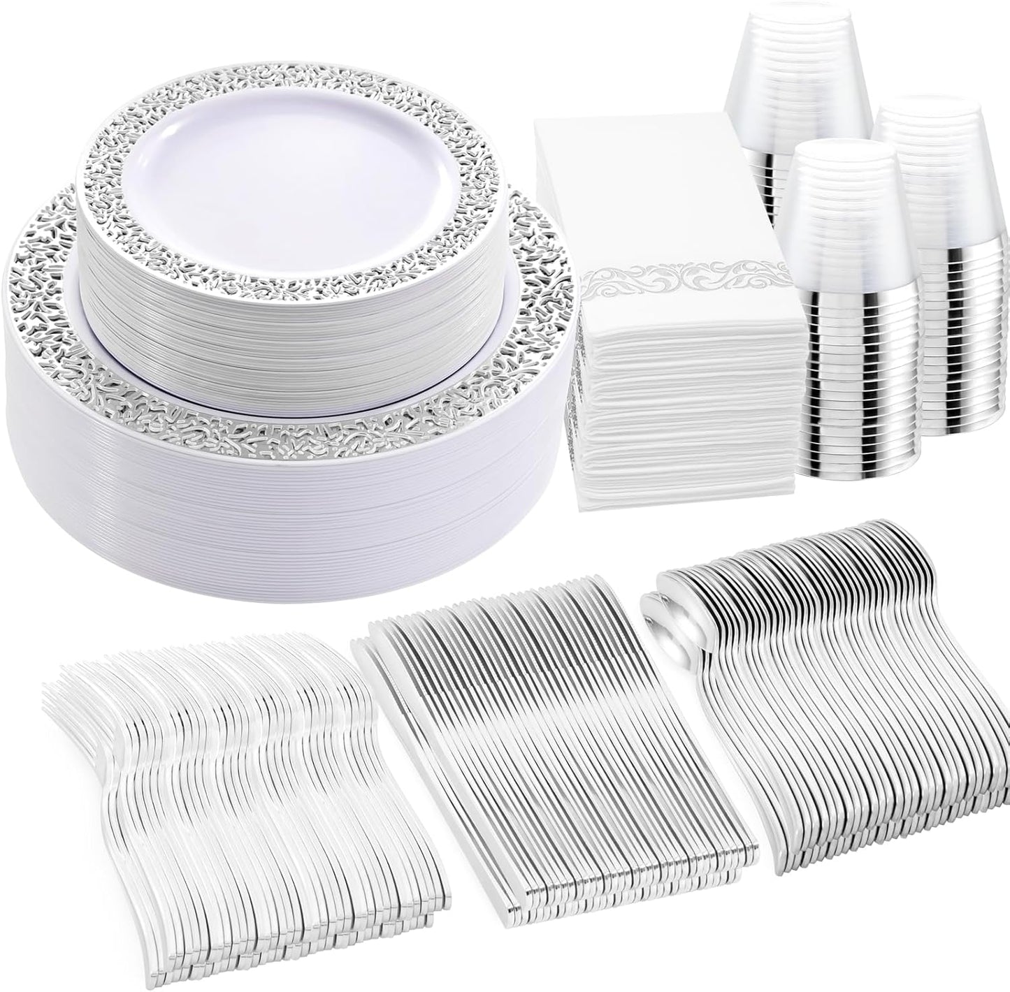 WELLIFE 350pcs Silver Party Dinnerware Set for 50 Guests