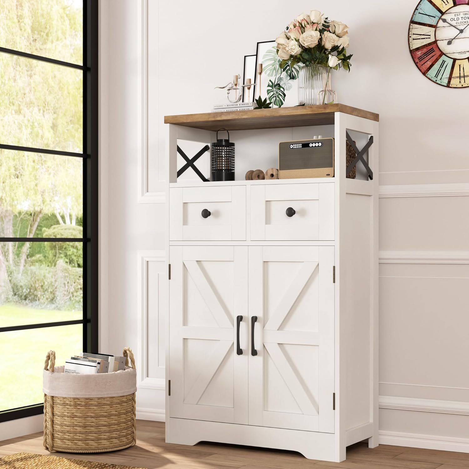 Farmhouse White Storage Cabinet with Doors and Drawers for Home