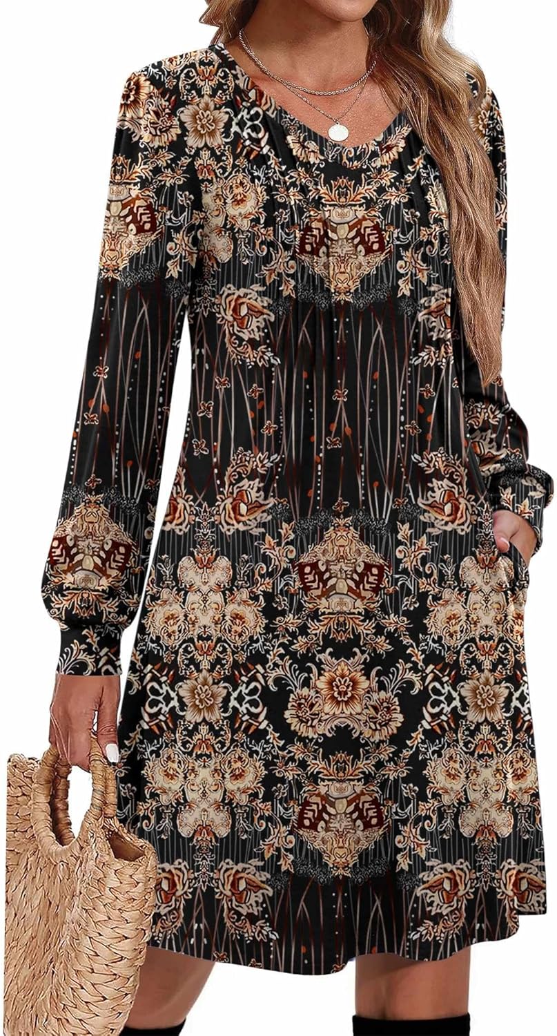 Zeagoo Fall Dresses for Women Long Sleeve Casual Pleated V Neck