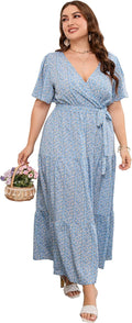 Plus Size V Neck Wrap Maxi Dress - Flattering Summer Wrap Dress made