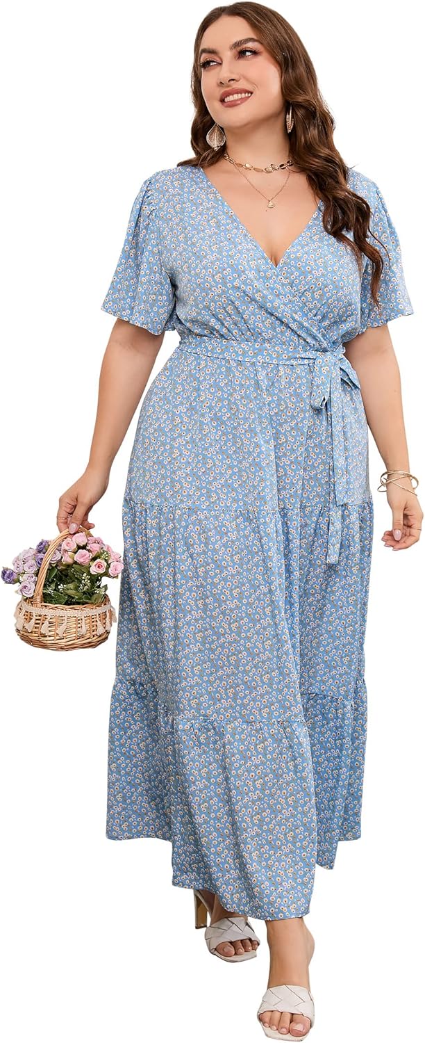 Plus Size V Neck Wrap Maxi Dress for Women with Ruffles
