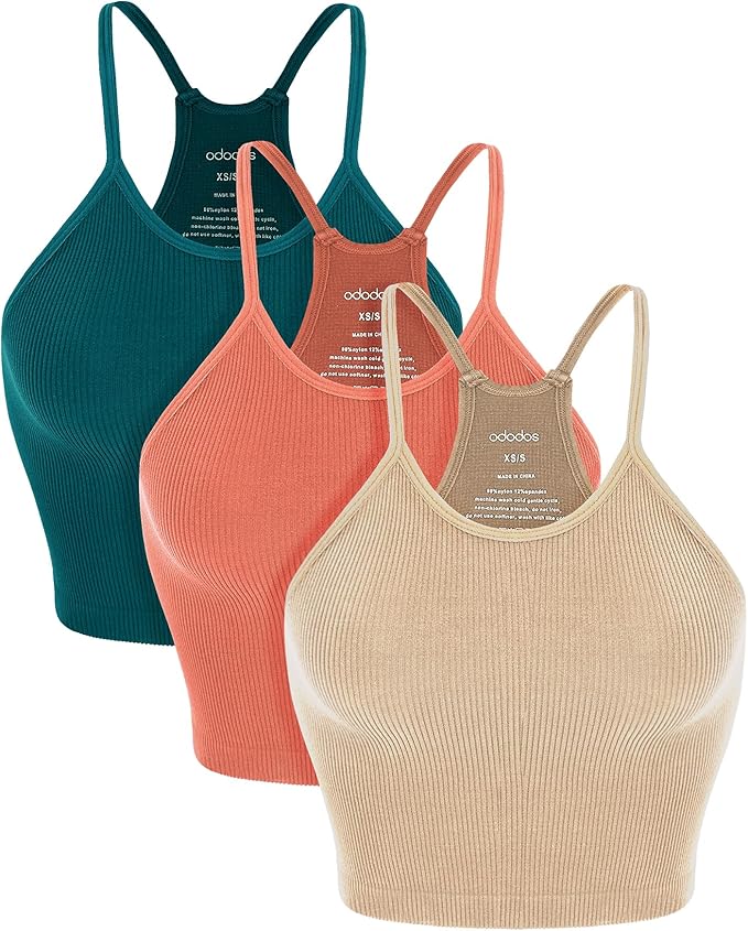 ODODOS Women's Crop 3-Pack Seamless Rib-Knit Camisole Tops