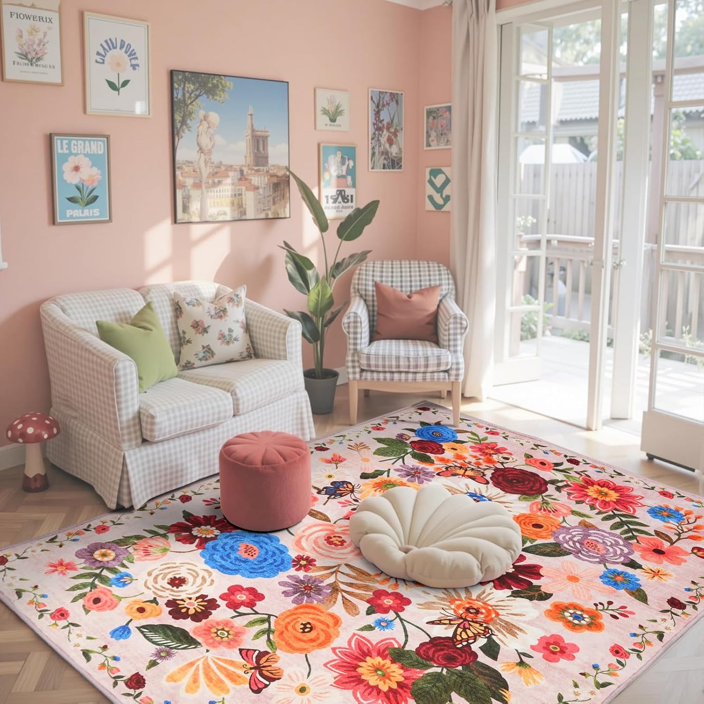 Boho Floral Area Rug 4x6 Washable Non Slip for Kids Room