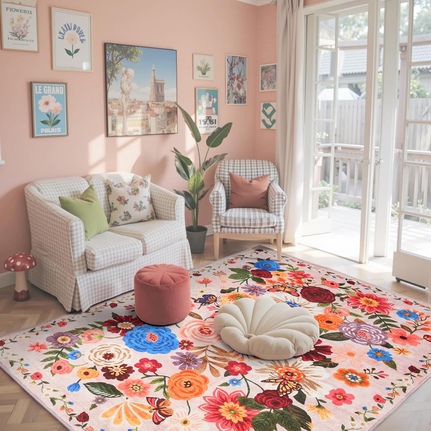 Boho Floral Area Rug 4x6 Washable Non Slip for Kids Room