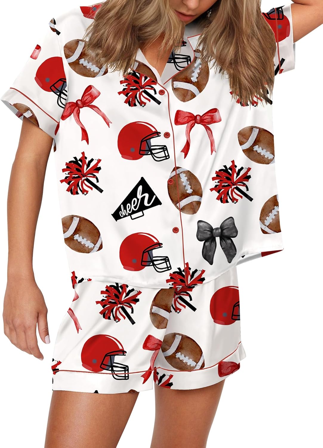 Satin Pajamas for Women Set with Sport Ball Print Pjs XS-XXL