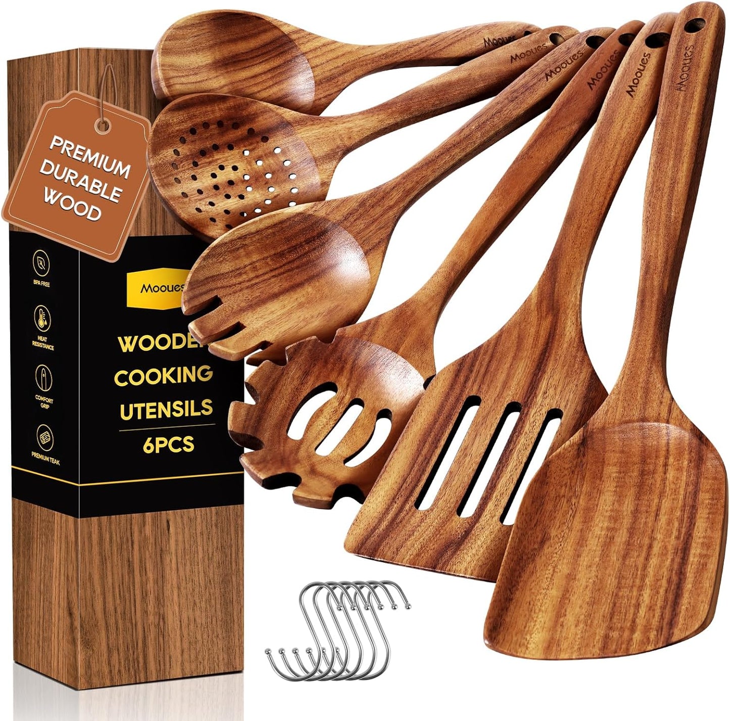 Wooden Spoons for Cooking - 6PCS Teak Wood Utensil Set