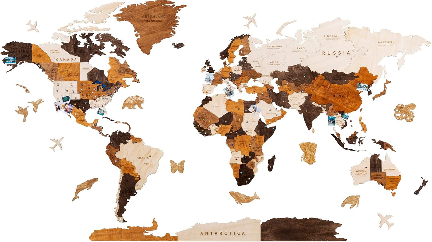 Multilayered 3D Wooden World Map Wall Decor for Travel Lovers