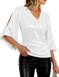 GRACE KARIN Womens Sequin Sparkly Tops 3/4 Sleeve V-Neck - Party Shine