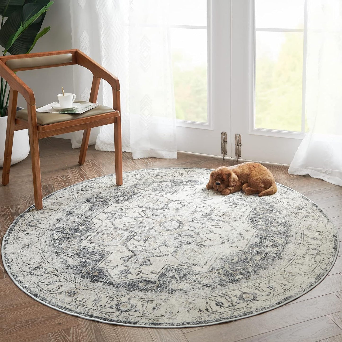 Round Rug 5ft Washable Area Rug for Vintage Home Decor