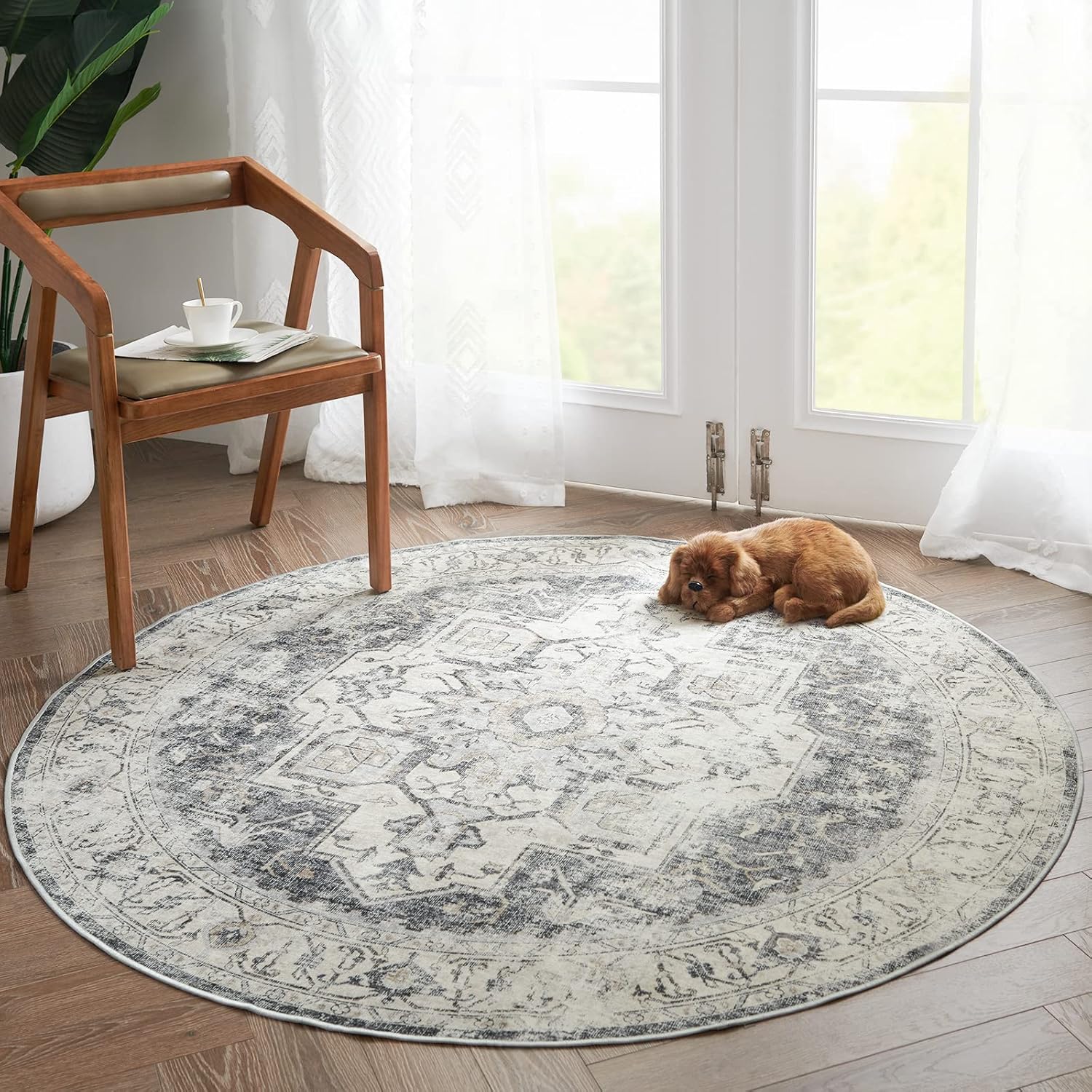 Round Rug 5ft Washable Area Rug for Vintage Home Decor
