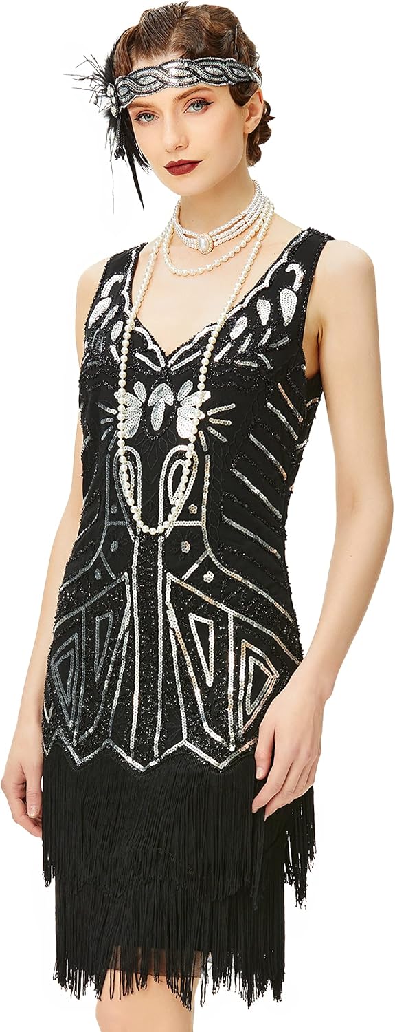 Elegant 1920s V Neck Beaded Flapper Dress for Women