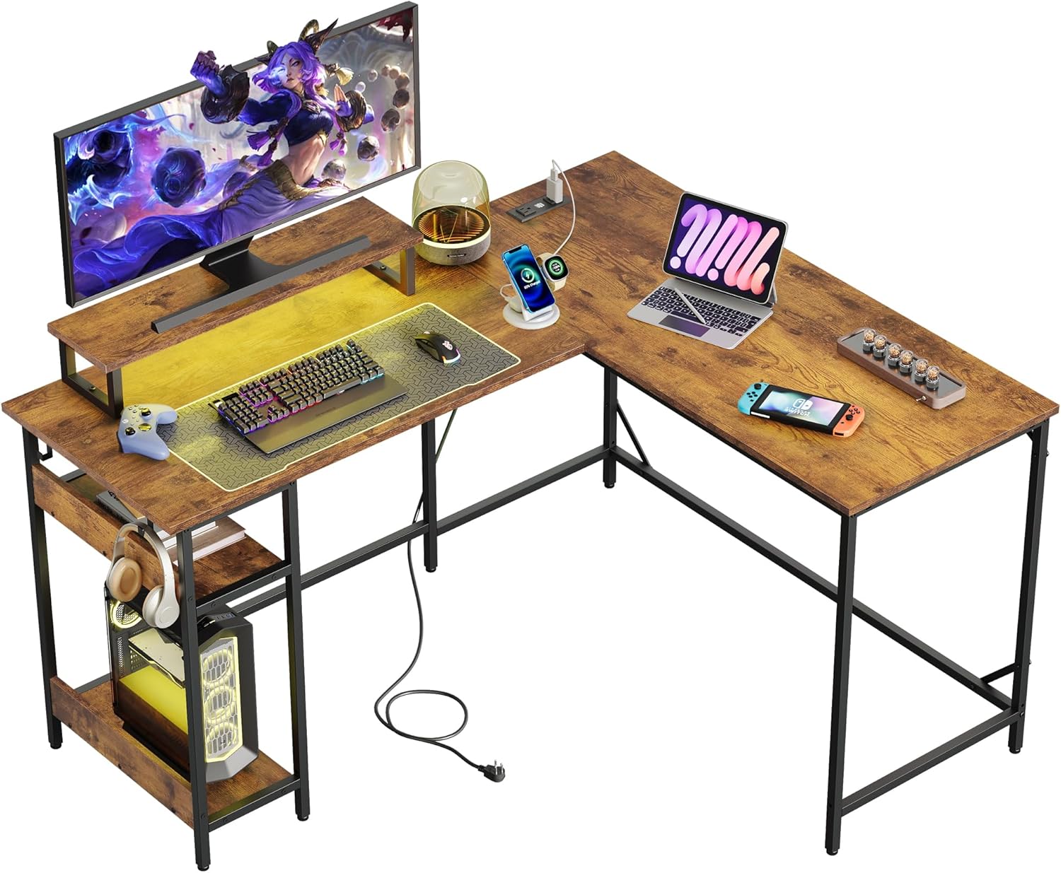 DEVAISE 55 Inch L Shaped Gaming Desk with LED Lights & Power Outlets