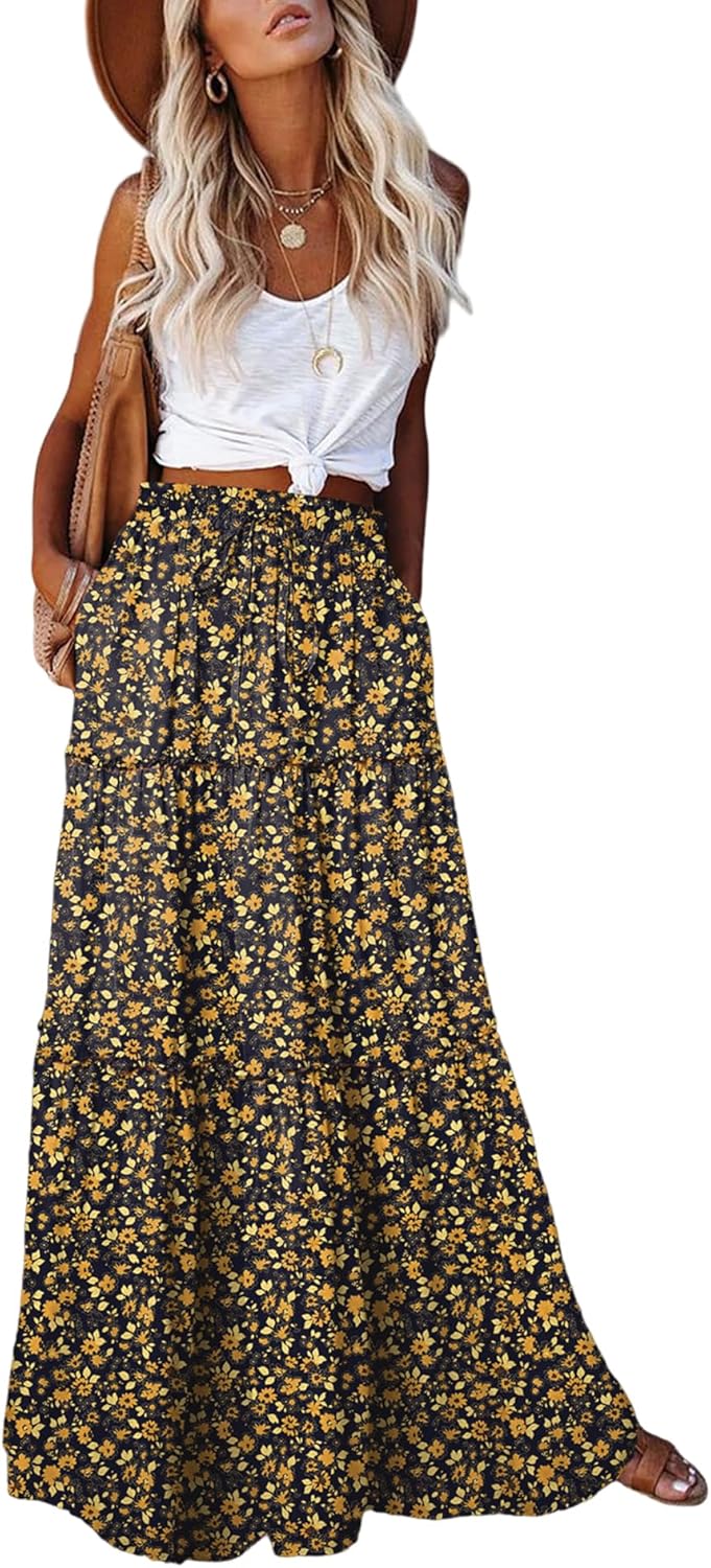 EARKOHA Womens Casual High Waist Tie Maxi Skirt with Pockets