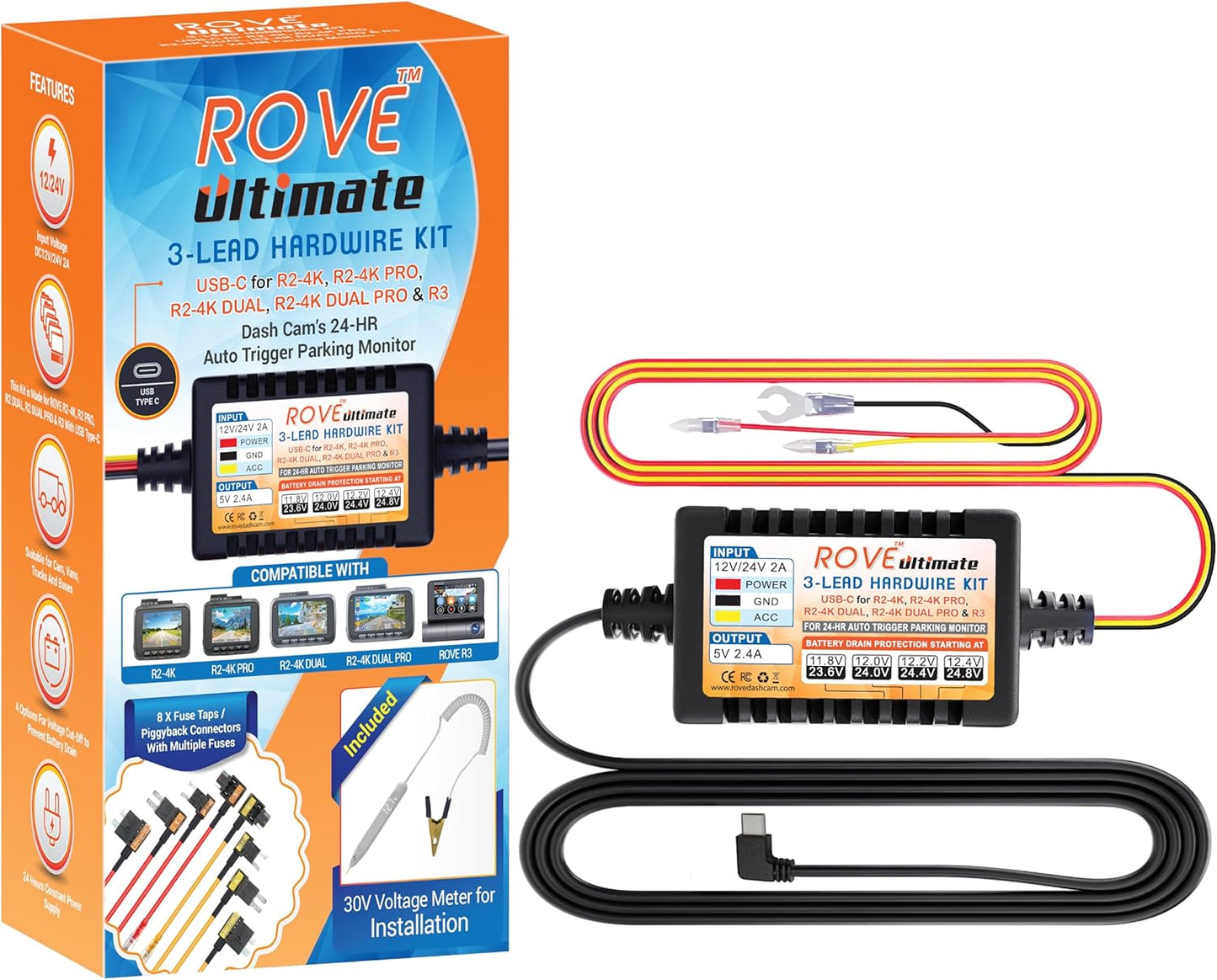 ROVE Ultimate Dash Cam Hardwire Kit for 24Hr Parking Monitoring