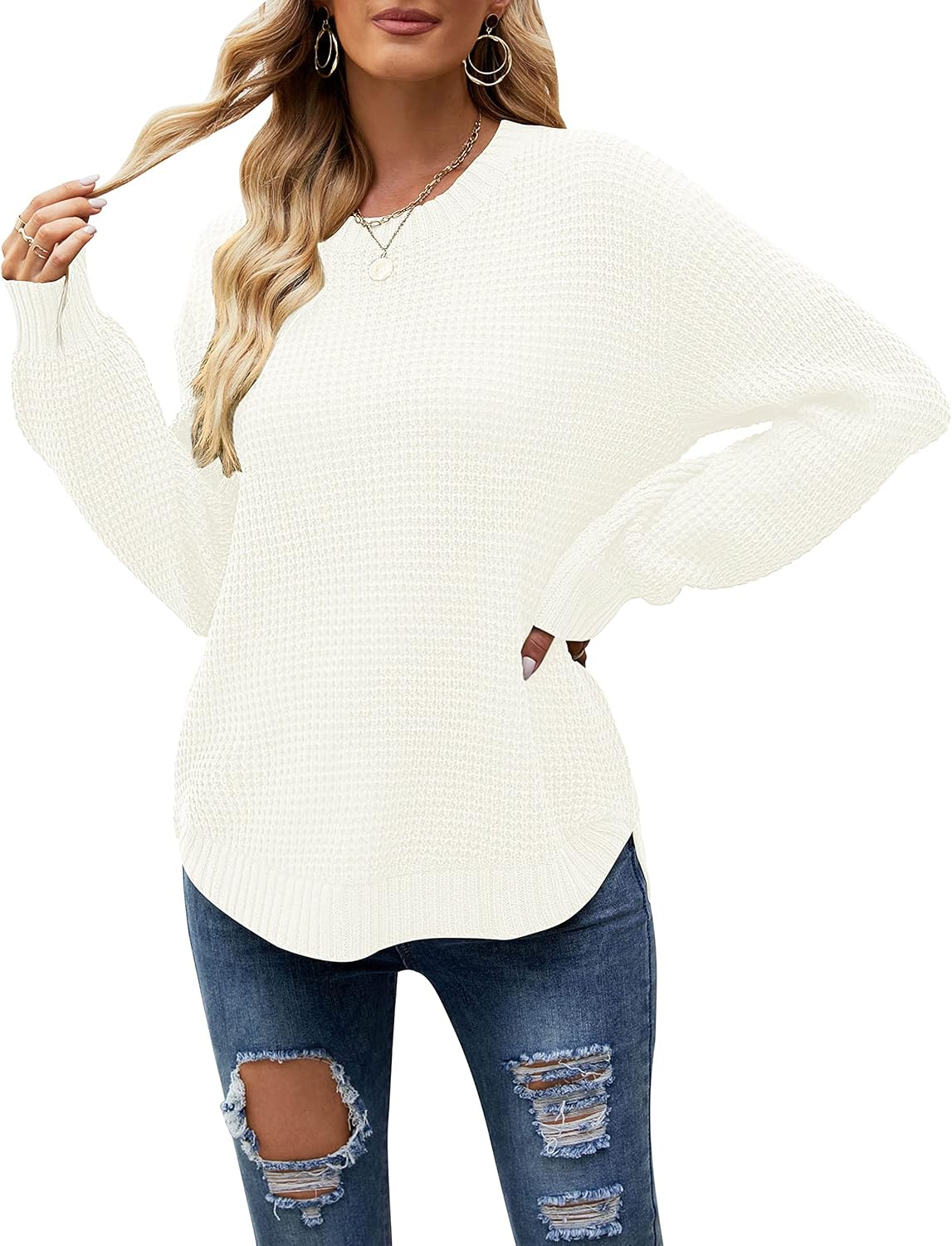 Waffle Knit Pullover Tops for Women - Casual Fall Sweater