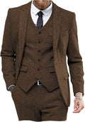 Mens Tweed Herringbone 3 Piece Peak Lapel Suit for Weddings