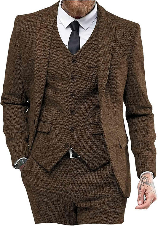 Mens Tweed Herringbone Wedding Suit Prom Tuxedos 3 Piece Set