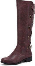 Womens Strappy Motorcycle Knee High Boots in Wine Red - Lace Up Flats