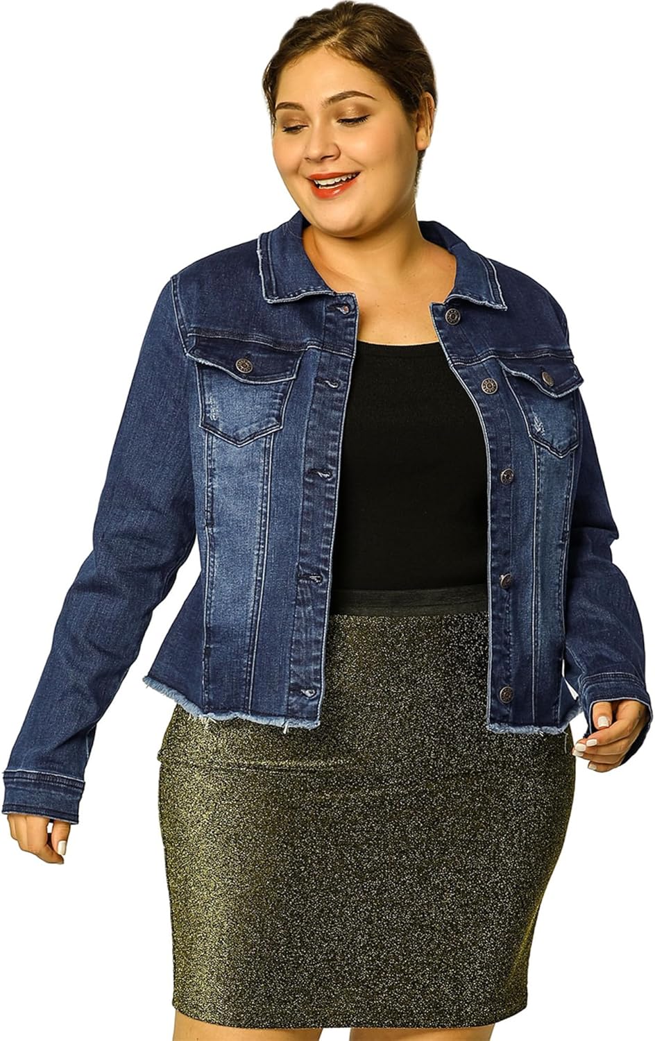 Classic Washed Frayed Denim Jacket for Plus Size Women