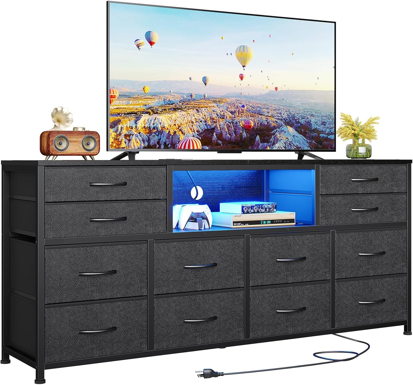 55 LED TV Stand Dresser: 12 Drawers, Power Outlets