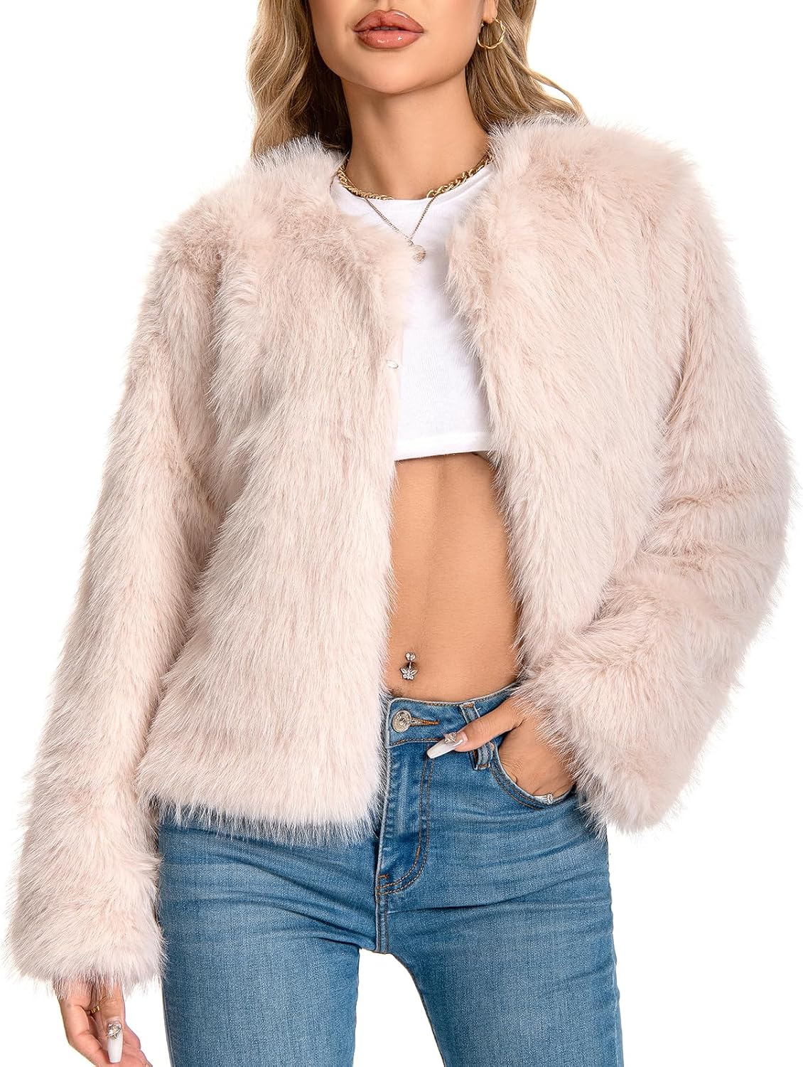 Faux Fuzzy Jacket for Women - Plus Size Winter Coat with Pockets