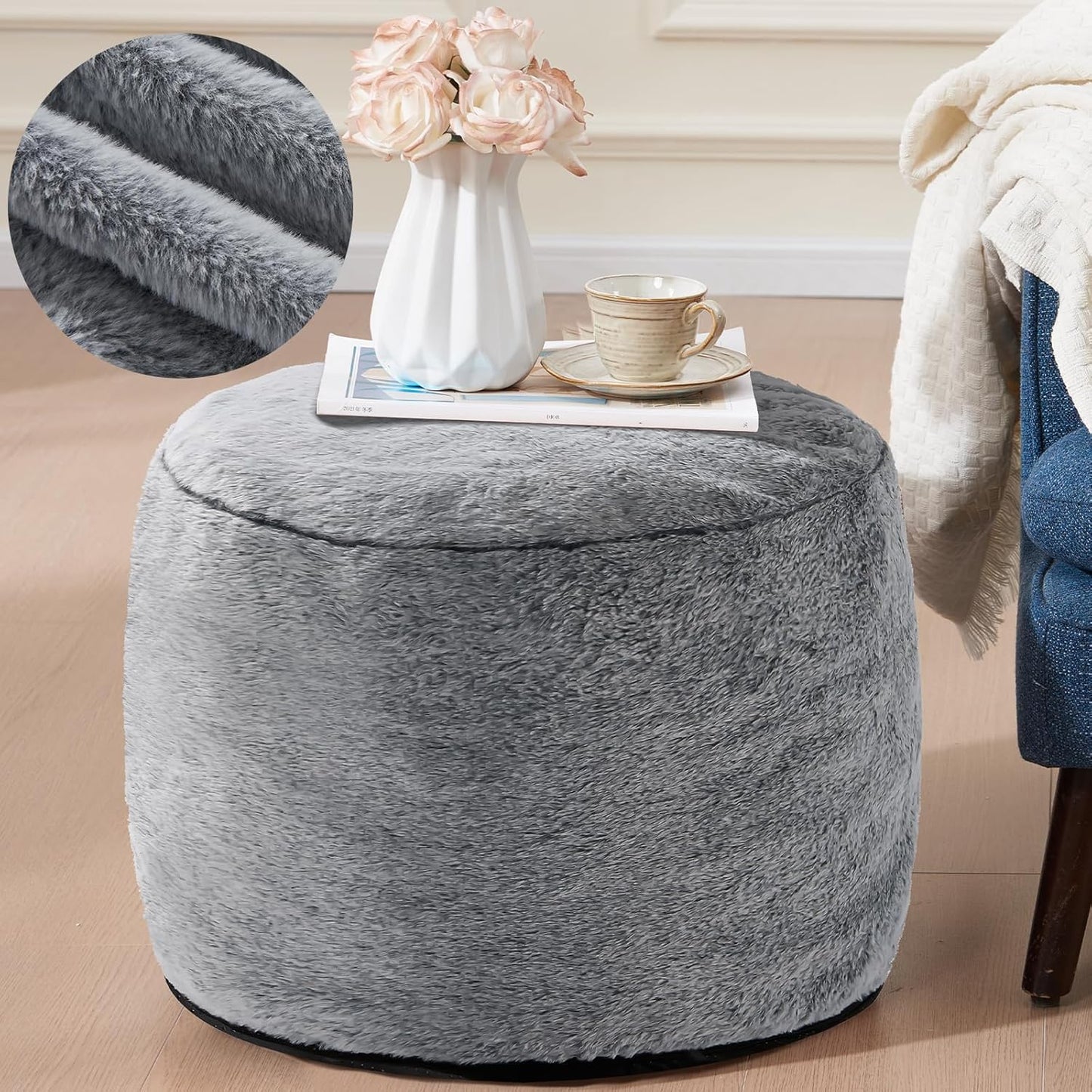 Round Ottoman Foot Rest for Couch - Soft Pouf for Living Room