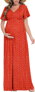 Maternity Maxi Dress with Decorative Buttons - Comfortable Fit