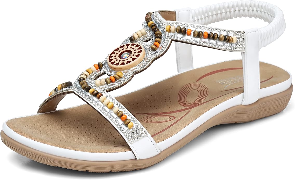 SHIBEVER Womens Flats Sandals Bohemia Beaded Open Toe Comfort