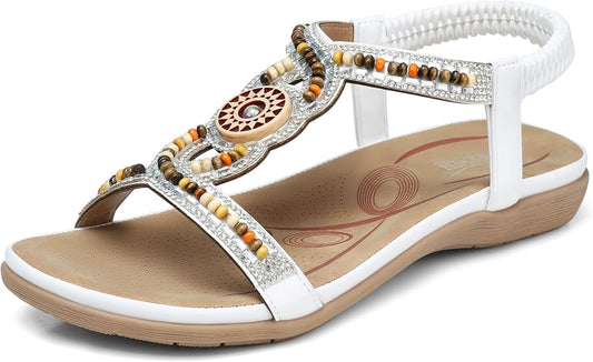 SHIBEVER Womens Flats Sandals Bohemia Beaded Open Toe Comfort