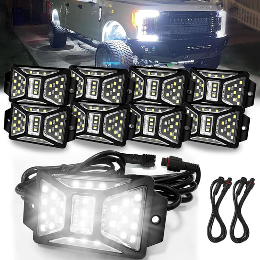8 Pods Pure White Rock Lights for Trucks, SUVs, and ATVs