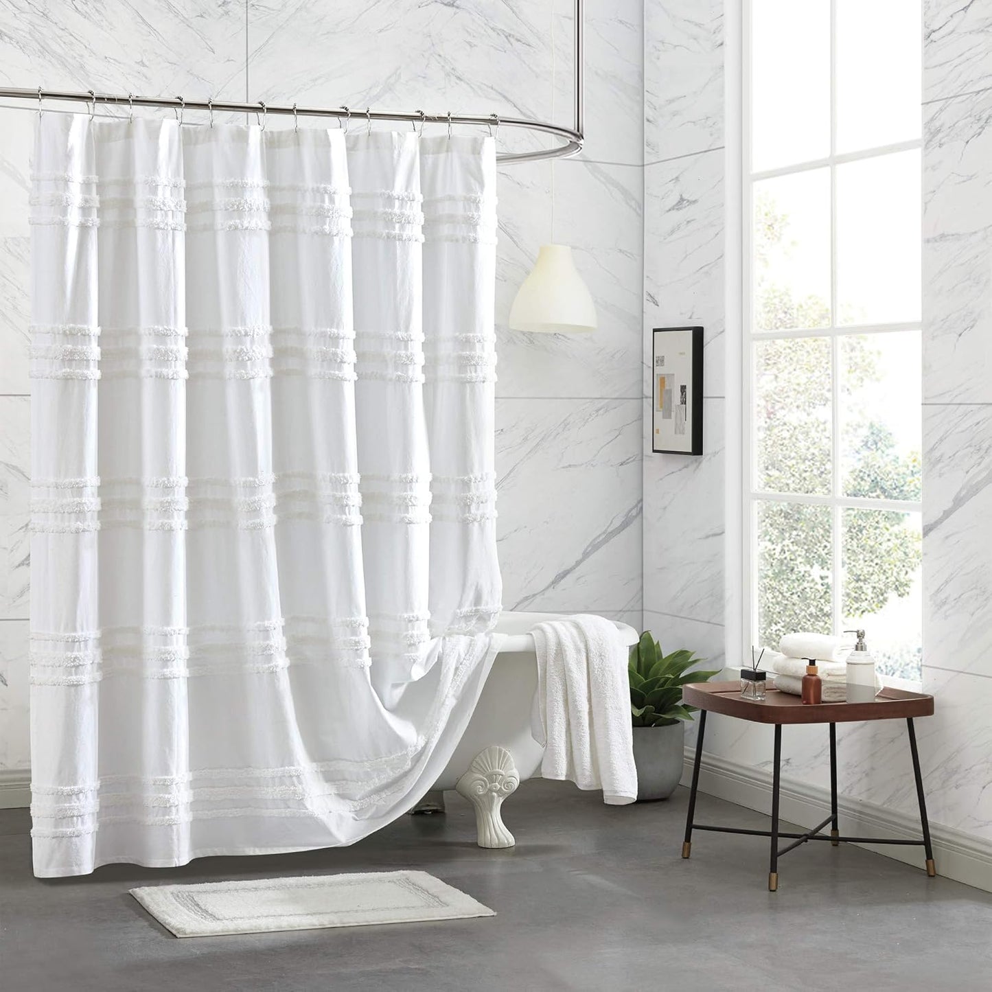 DKNY White Chenille Stripe Shower Curtain - Luxurious 100% Cotton