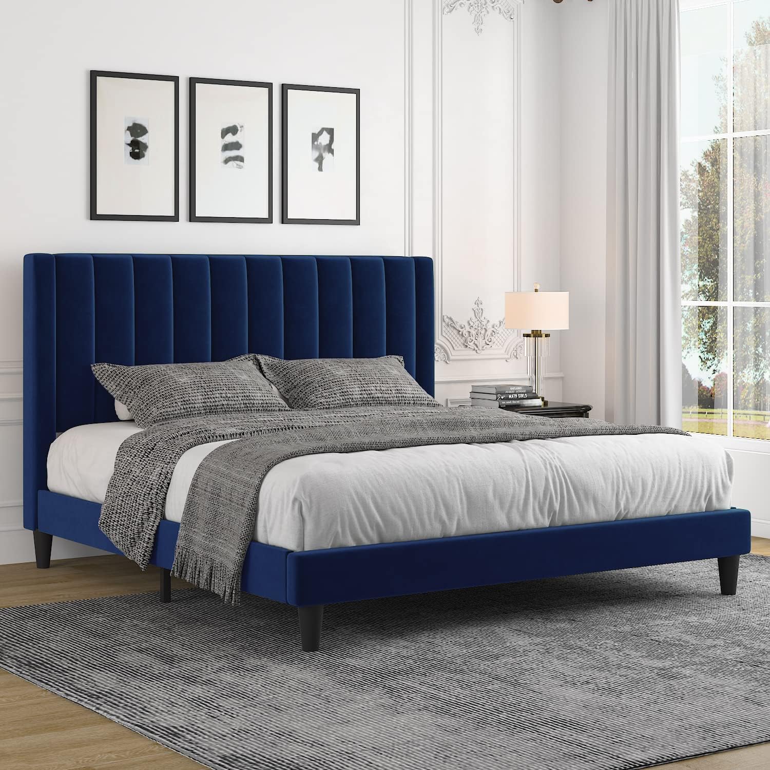 Allewie King Platform Bed Frame with Velvet Upholstery Design